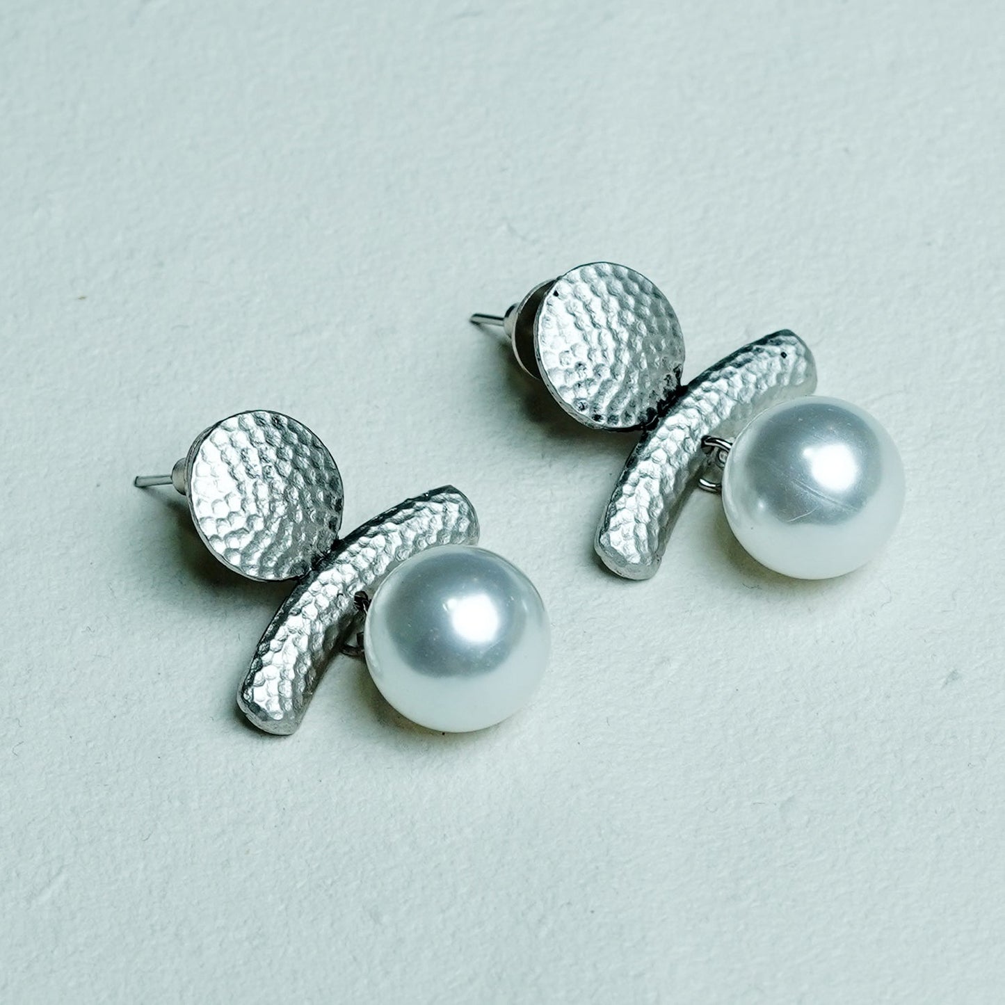 Zevar Club Silver-Toned Antique Statement Drop Earrings with Textured Bar & White Pearl Danglers