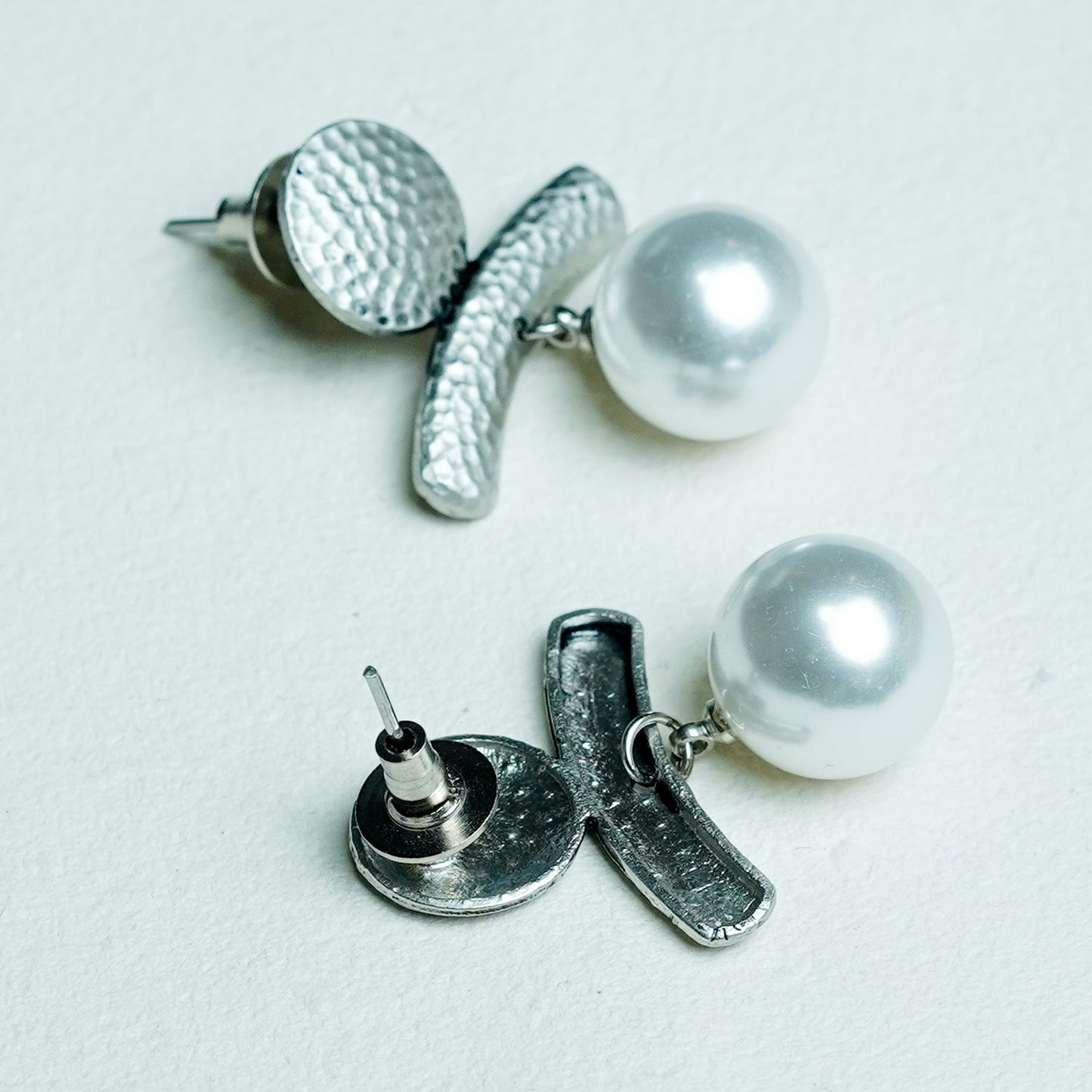 Zevar Club Silver-Toned Antique Statement Drop Earrings with Textured Bar & White Pearl Danglers