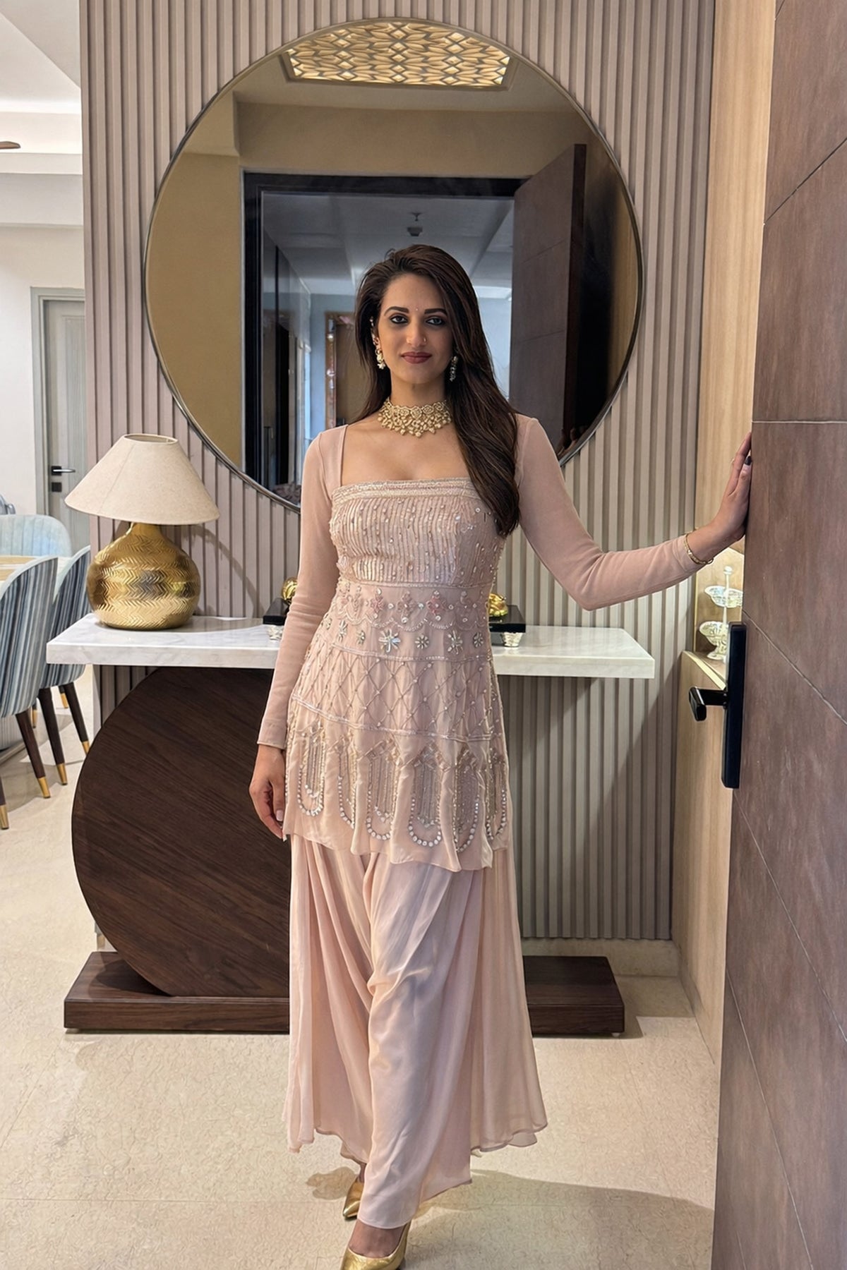 Art Deco Dusty Pink Sequin, Bead Work Organza Skirt for Sangeet