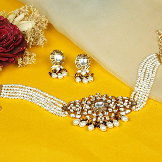 Zevar Club White Kundan Studded Floral Handcrafted Choker Necklace Set with White Pearl Beaded Strands & Drop Earrings