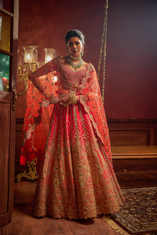 Rani Pink Raw Silk Hand & Machine Embroidered Lehenga Set