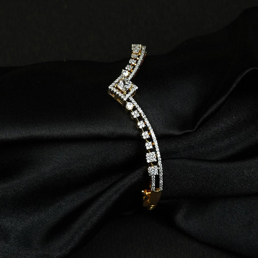 Zevar Club 22K Gold-Plated Handcrafted Zig-Zag Design AAA CZ Studded Square Motif Bracelet