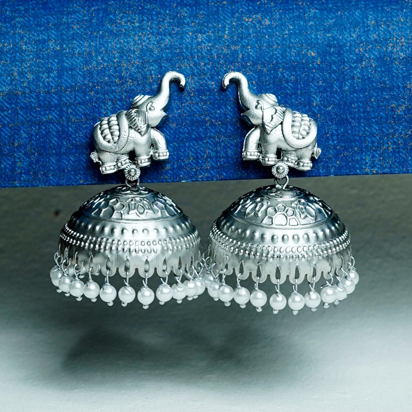Zevar Club Oxidised Silver-Toned Elephant Stud Brass Jhumka Earrings with White Pearl Drops