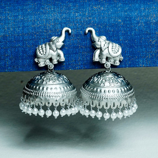 Zevar Club Oxidised Silver-Toned Elephant Stud Brass Jhumka Earrings with White Pearl Drops