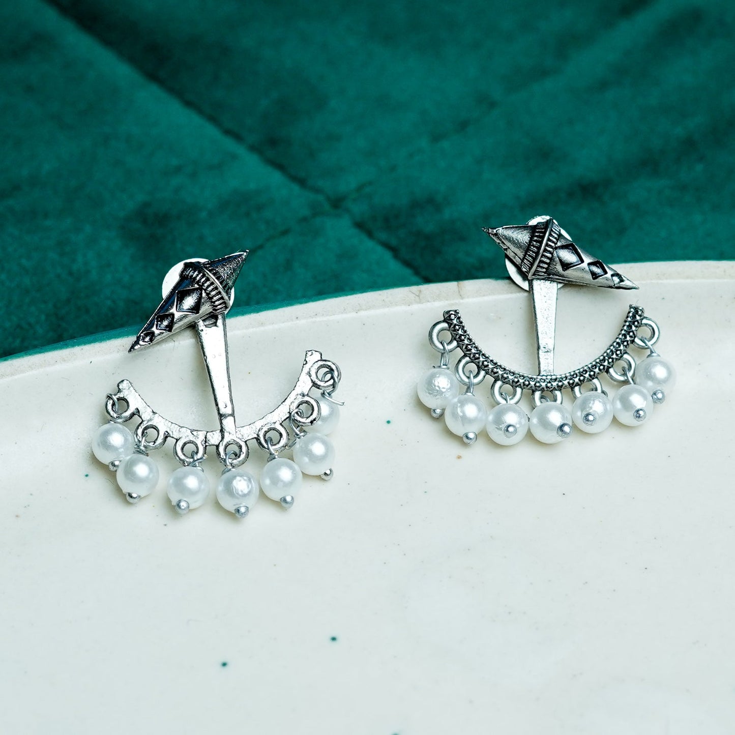 Zevar Club 18K Silver-Plated Statement Stud Earrings with Pointed Top & Cream Pear Pearl Crescent Drop