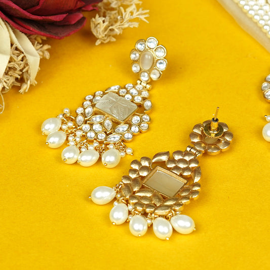 Zevar Club Handcrafted White Kundan Studded Rectangular Pendant Necklace Set with Multi-Strand White Pearl Beads & Dangling Earrings