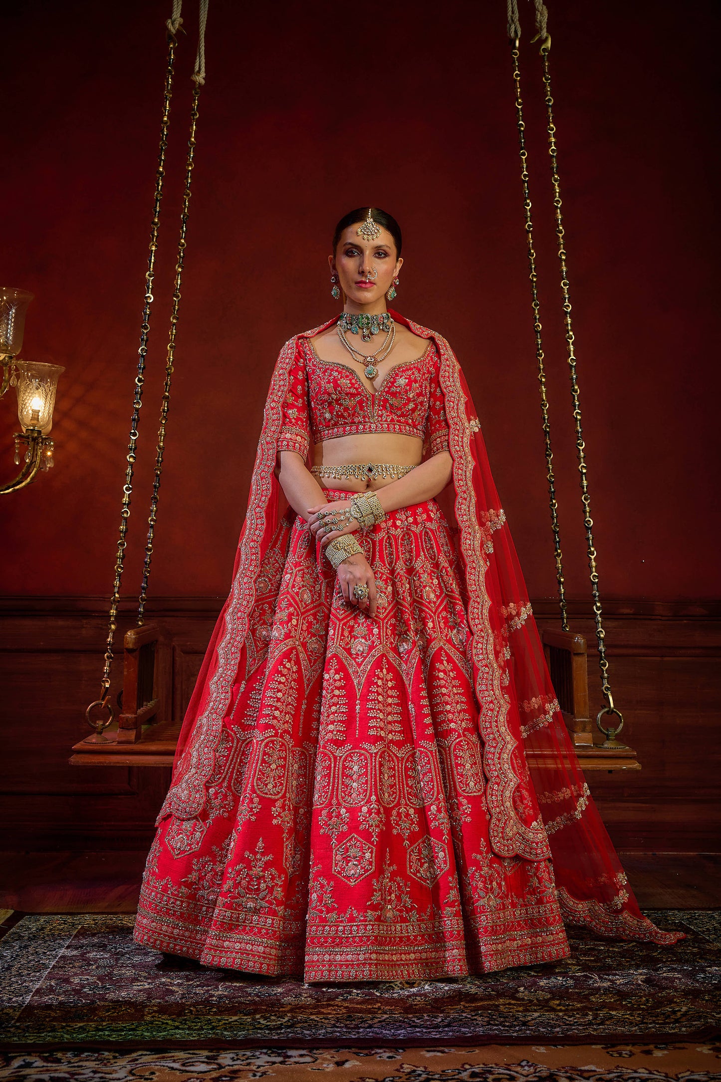 Red Raw Silk Hand & Machine Embroidered Lehenga Set