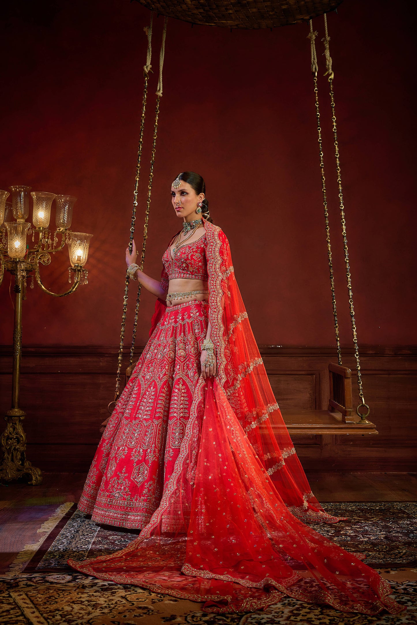 Red Raw Silk Hand & Machine Embroidered Lehenga Set