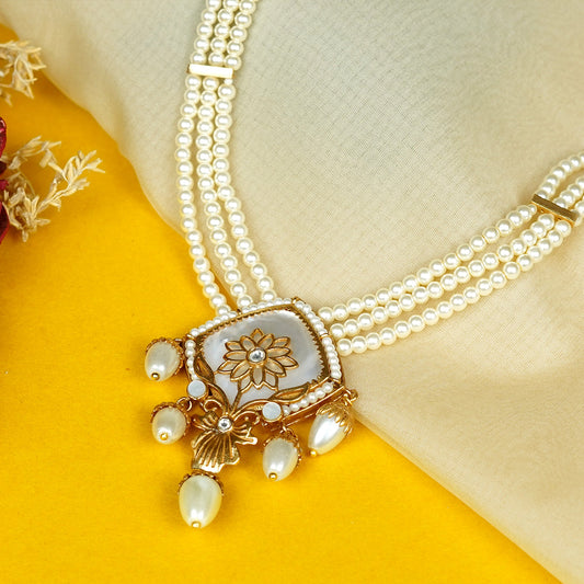 Zevar Club Handcrafted White Stone & Pearl Beaded Floral Engraved Square Pendant Necklace Set with Drop Earrings