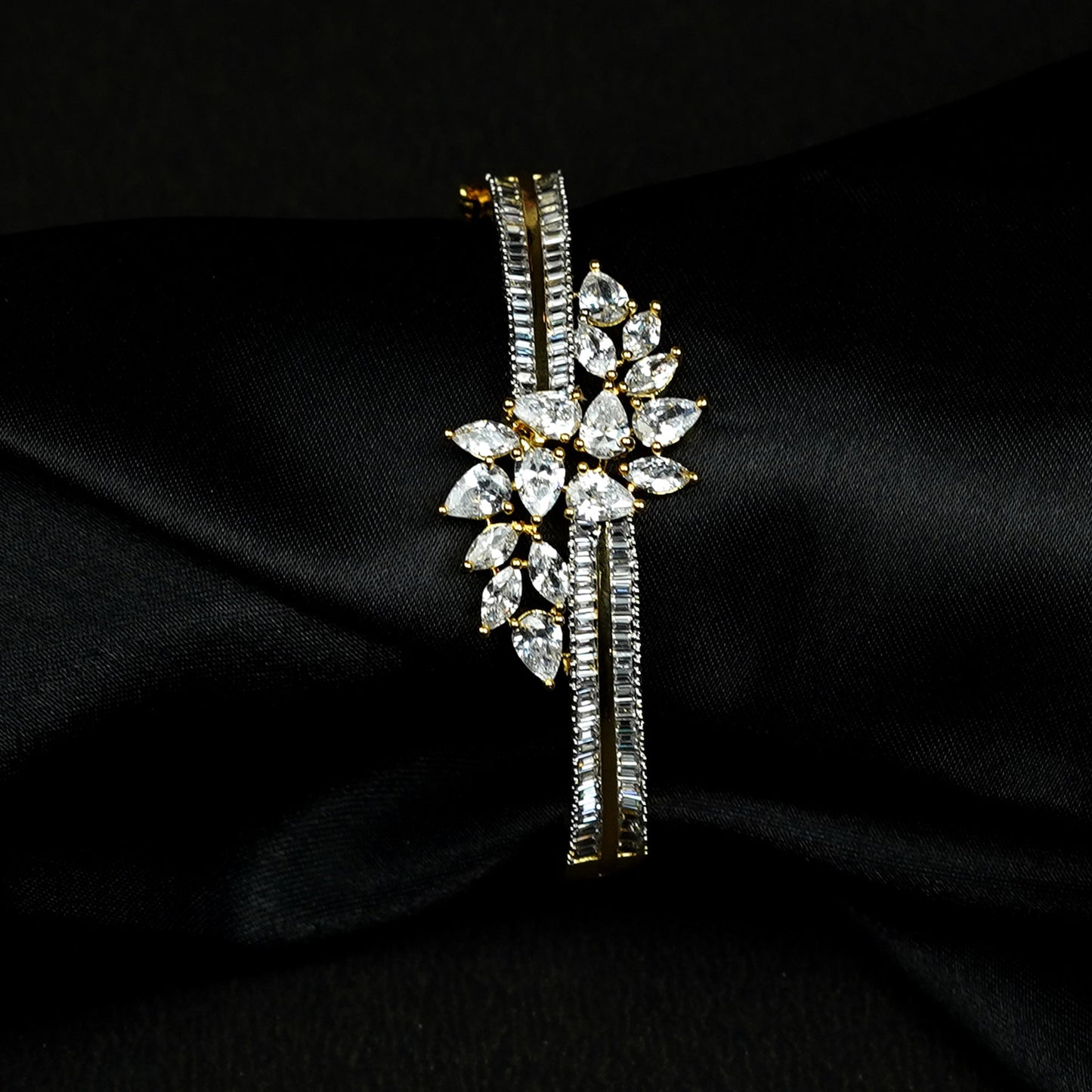 Zevar Club 22K Gold-Plated Floral Cluster Handcrafted AAA CZ Studded Baguette-Lined Openable Bracelet