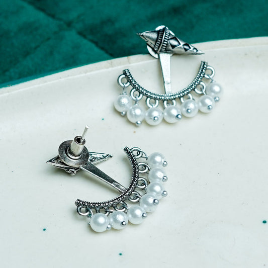 Zevar Club 18K Silver-Plated Statement Stud Earrings with Pointed Top & Cream Pear Pearl Crescent Drop