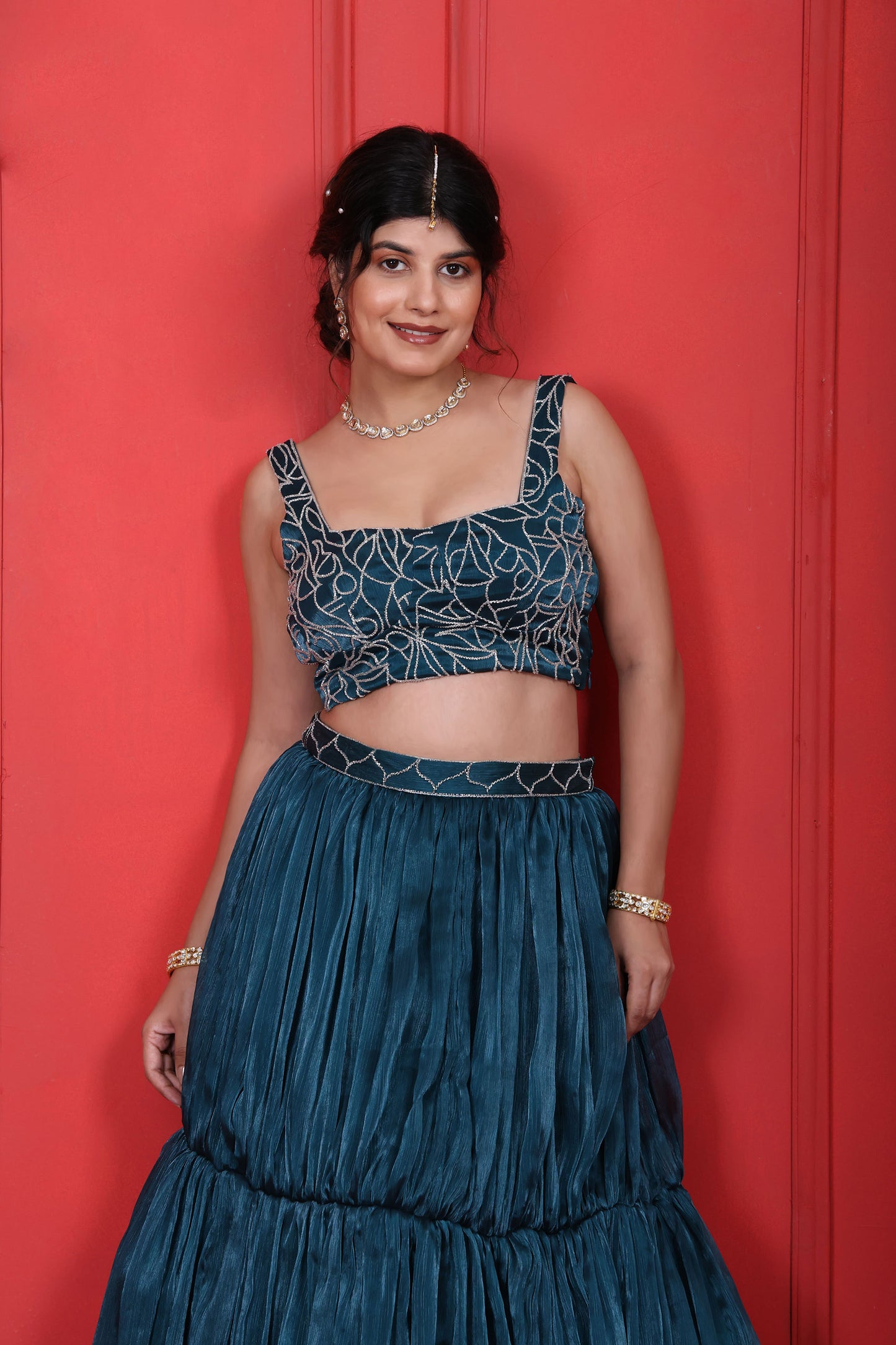 Heavy Hand Embroidered Blouse With Layered Skirt