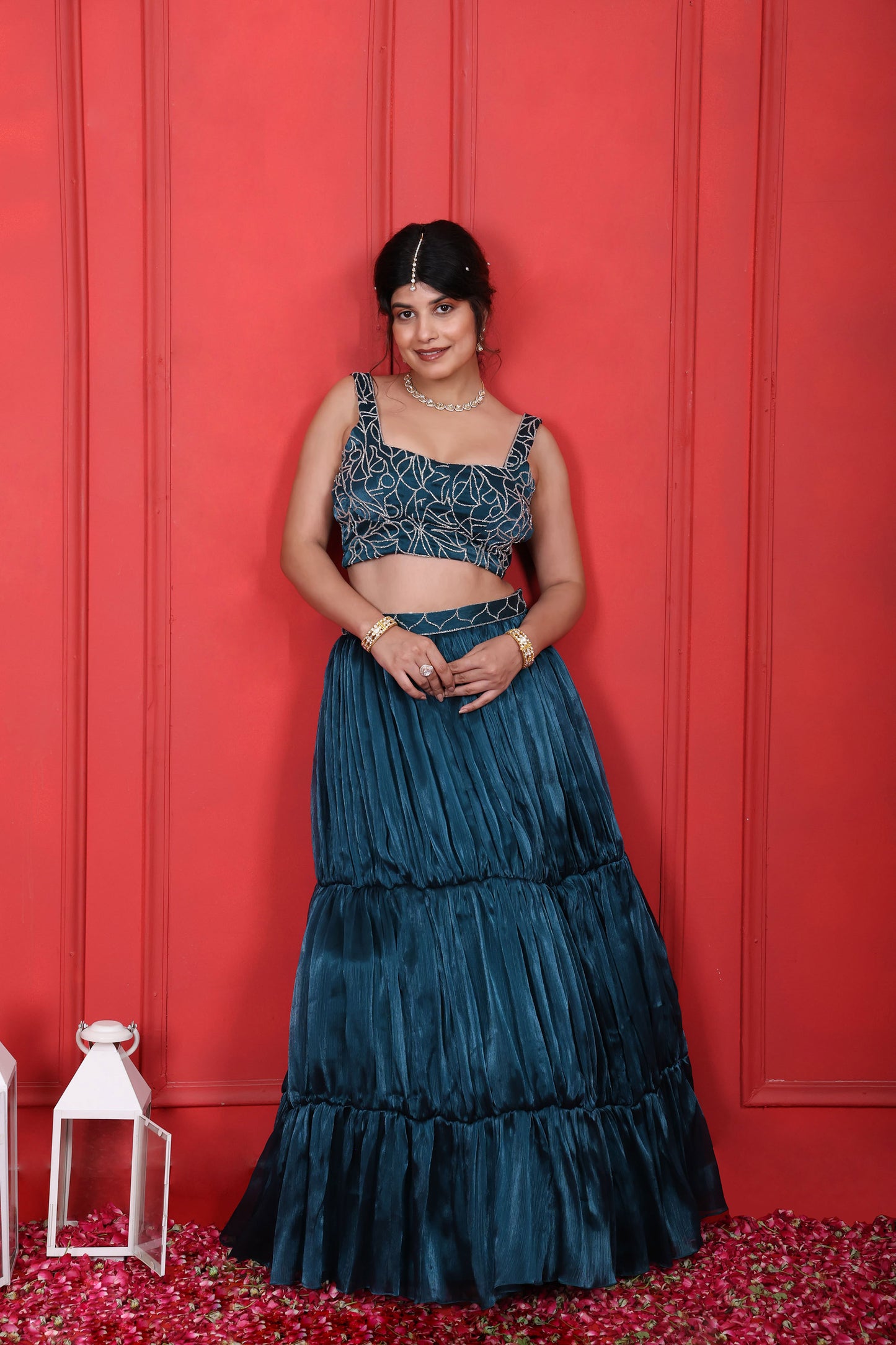 Heavy Hand Embroidered Blouse With Layered Skirt