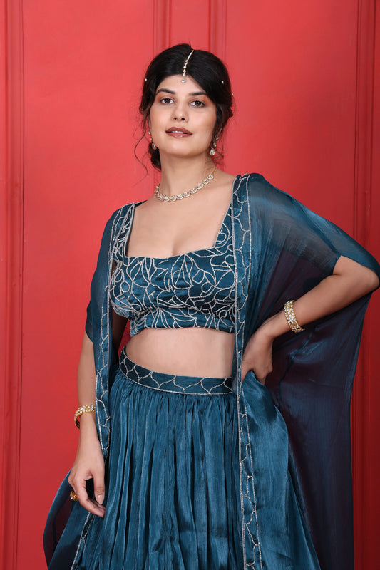 Heavy Hand Embroidered Blouse With Layered Skirt Jacket