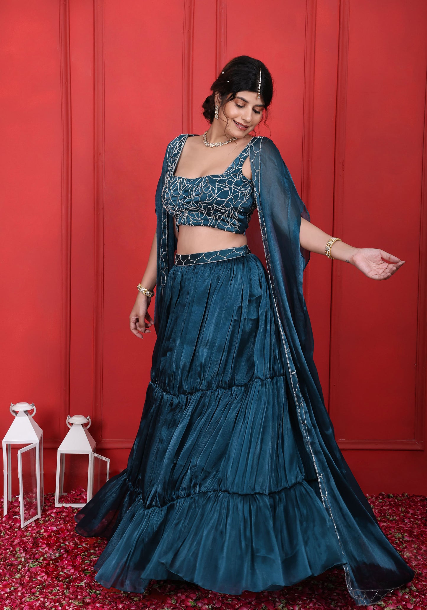 Heavy Hand Embroidered Blouse With Layered Skirt Jacket