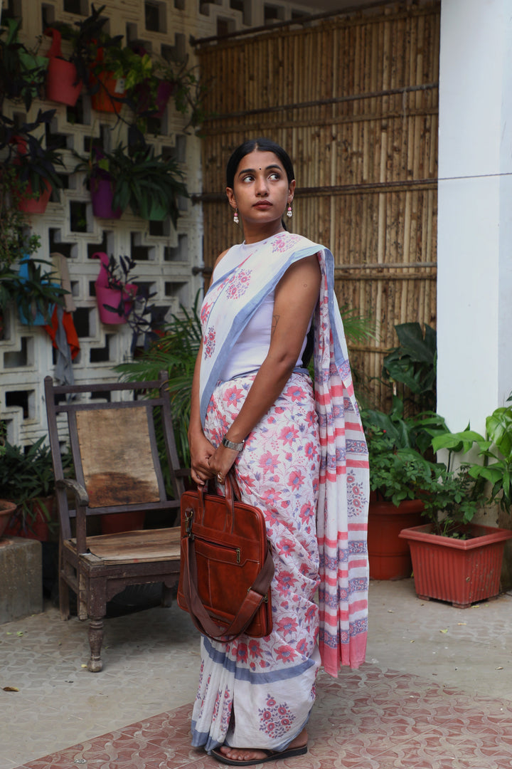 Blossom Dreams - Handblock Cotton Mulmul Saree