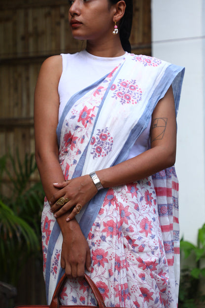 Blossom Dreams - Handblock Cotton Mulmul Saree