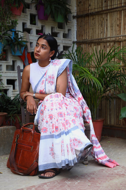 Blossom Dreams - Handblock Cotton Mulmul Saree
