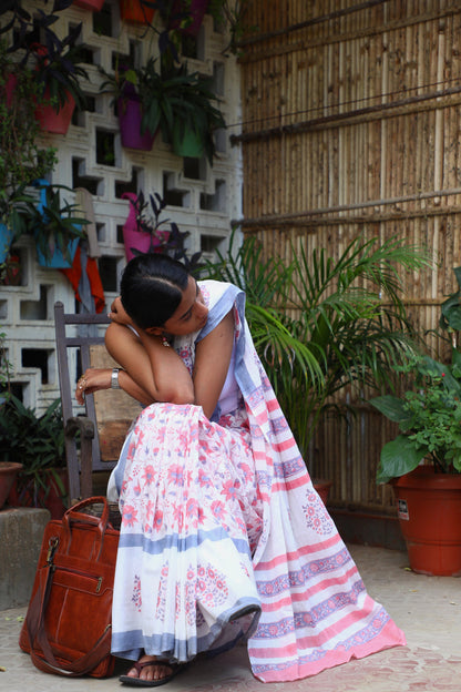 Blossom Dreams - Handblock Cotton Mulmul Saree