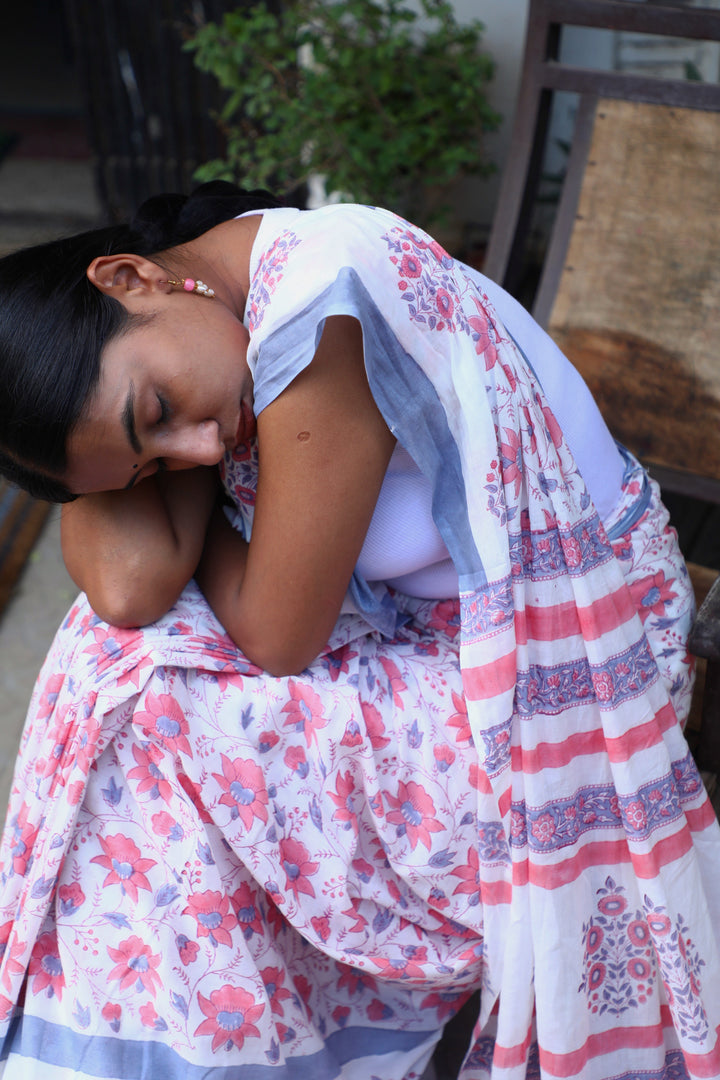 Blossom Dreams - Handblock Cotton Mulmul Saree