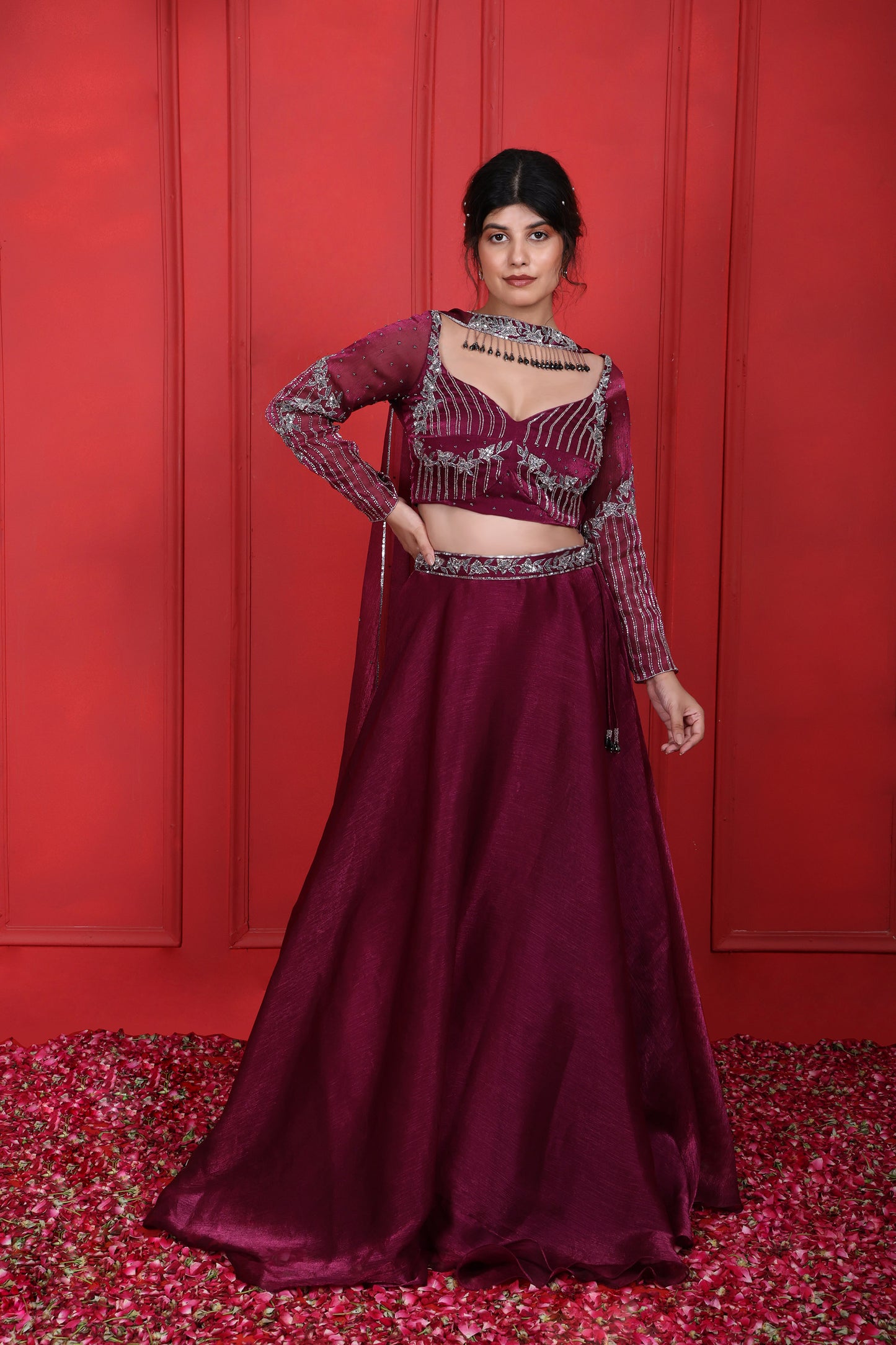 Pansy Purple Heavy Hand Embroidered Full Fitted Sleeves Choli With Lehenga Set