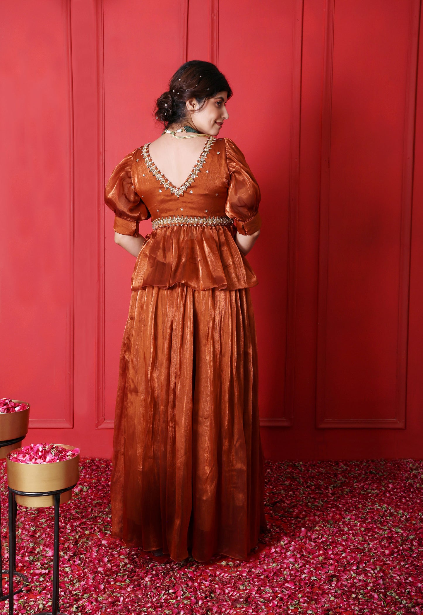 Rust Brown Embroidered Peplum Blouse With Flared Pants