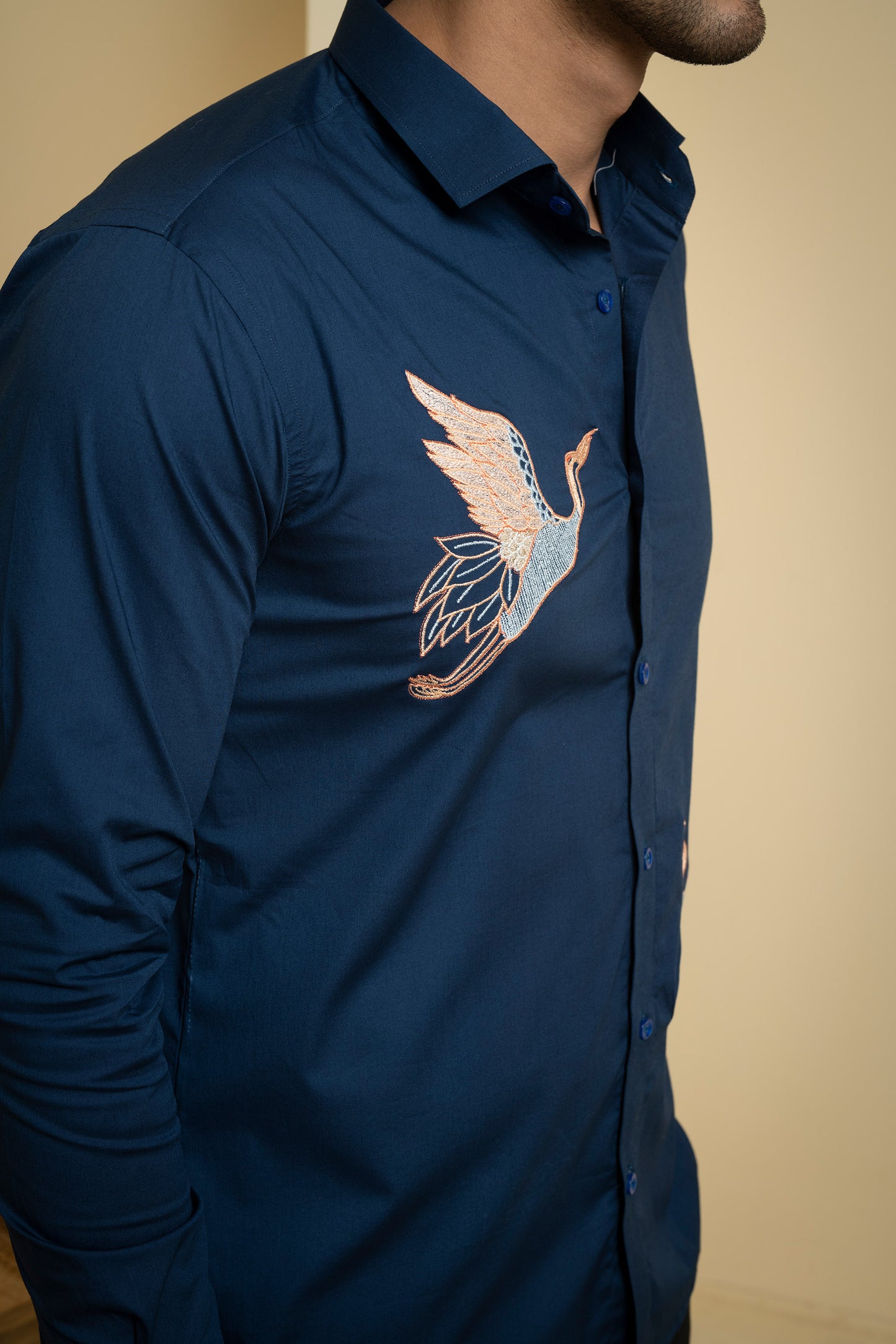 Navy Blue Poplin Lycra Cran Embroidered Festive Shirt