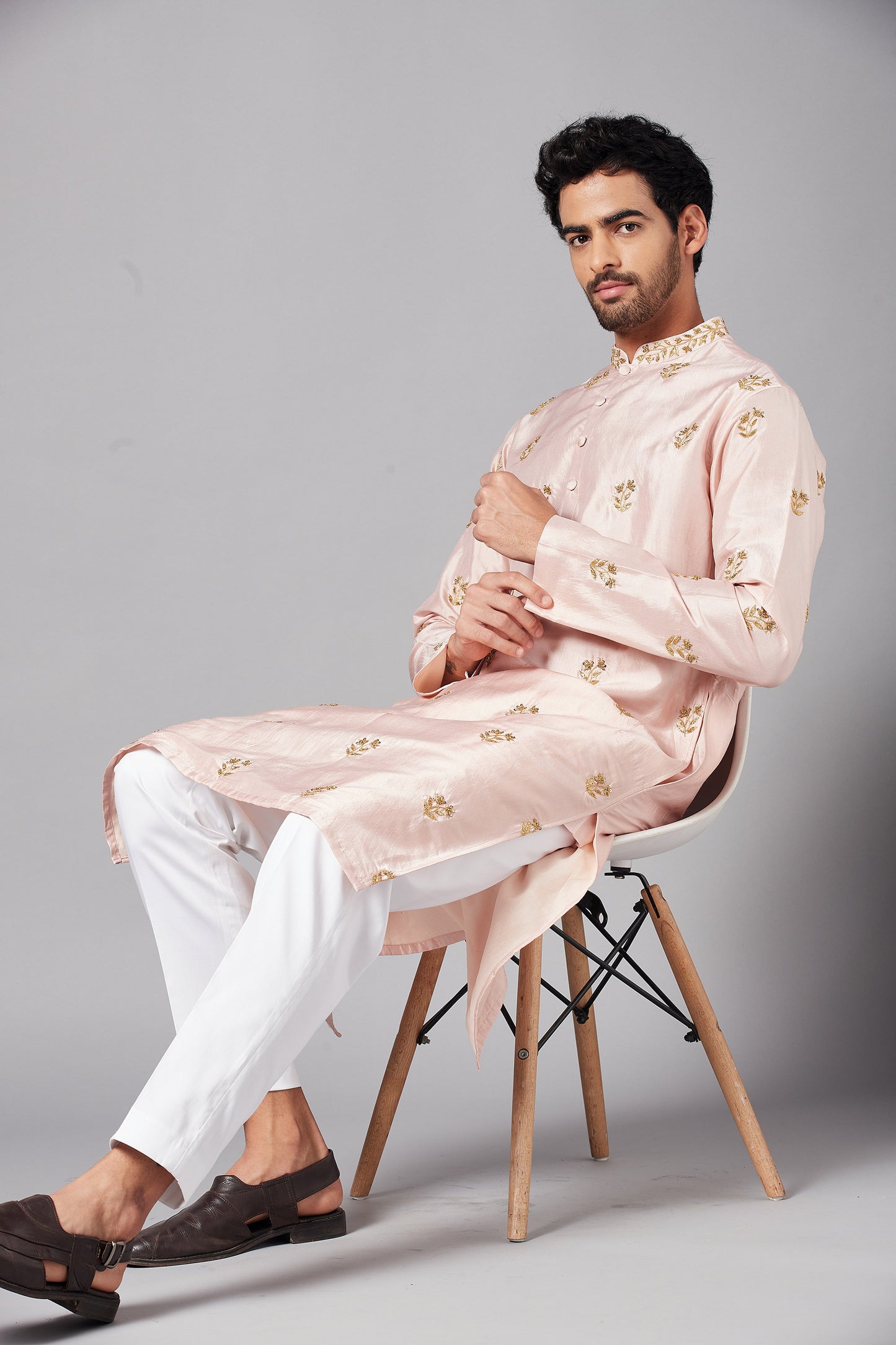 Peach Dupion Silk Hand Embroidered Casual ( only Kurta )