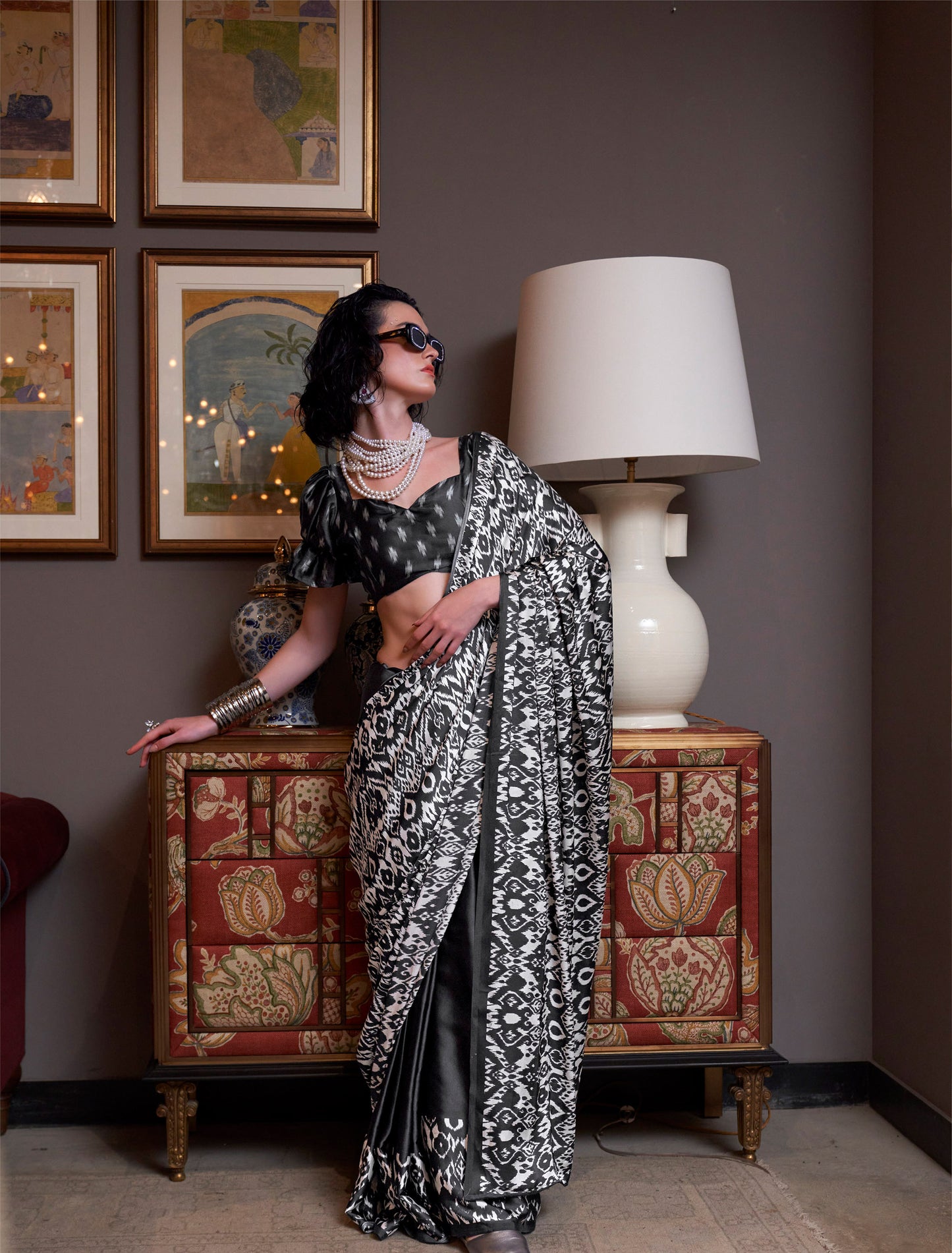 White and Black Konzai Satin Crape Saree With Digital Patola Prints