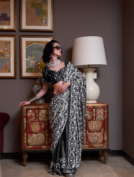 White and Black Konzai Satin Crape Saree With Digital Patola Prints
