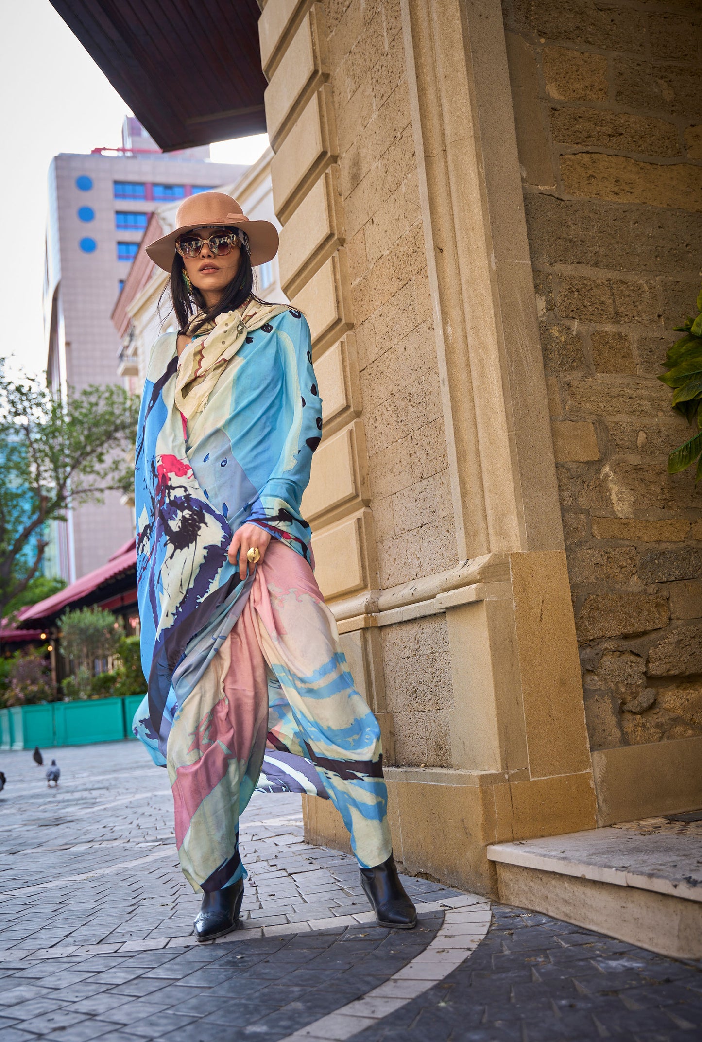 Blue Abstract Krayon Pure Silk Crepe Print Saree