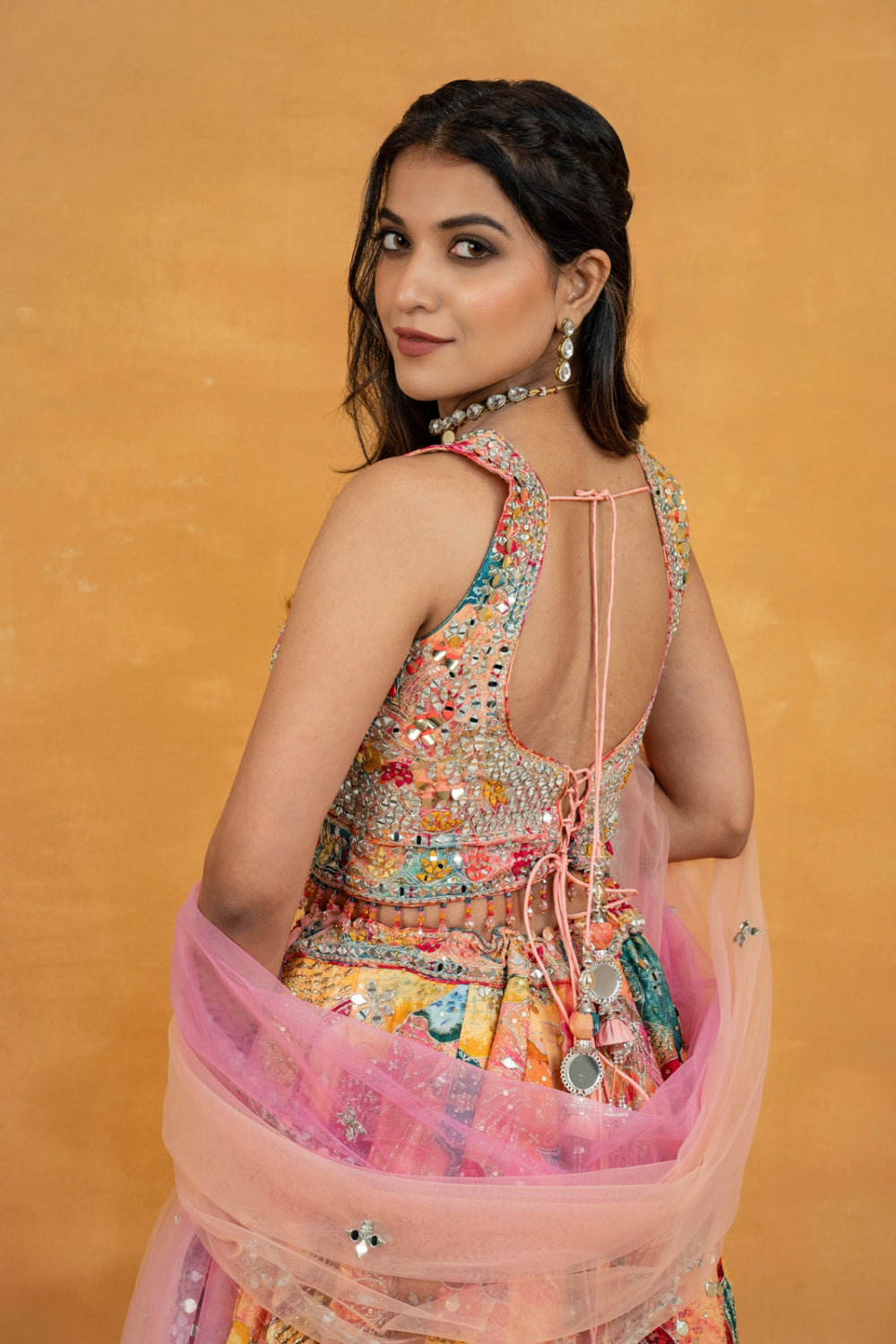 Multicolour printed silk lehenga choli with mirror, foil, sequins and bead work