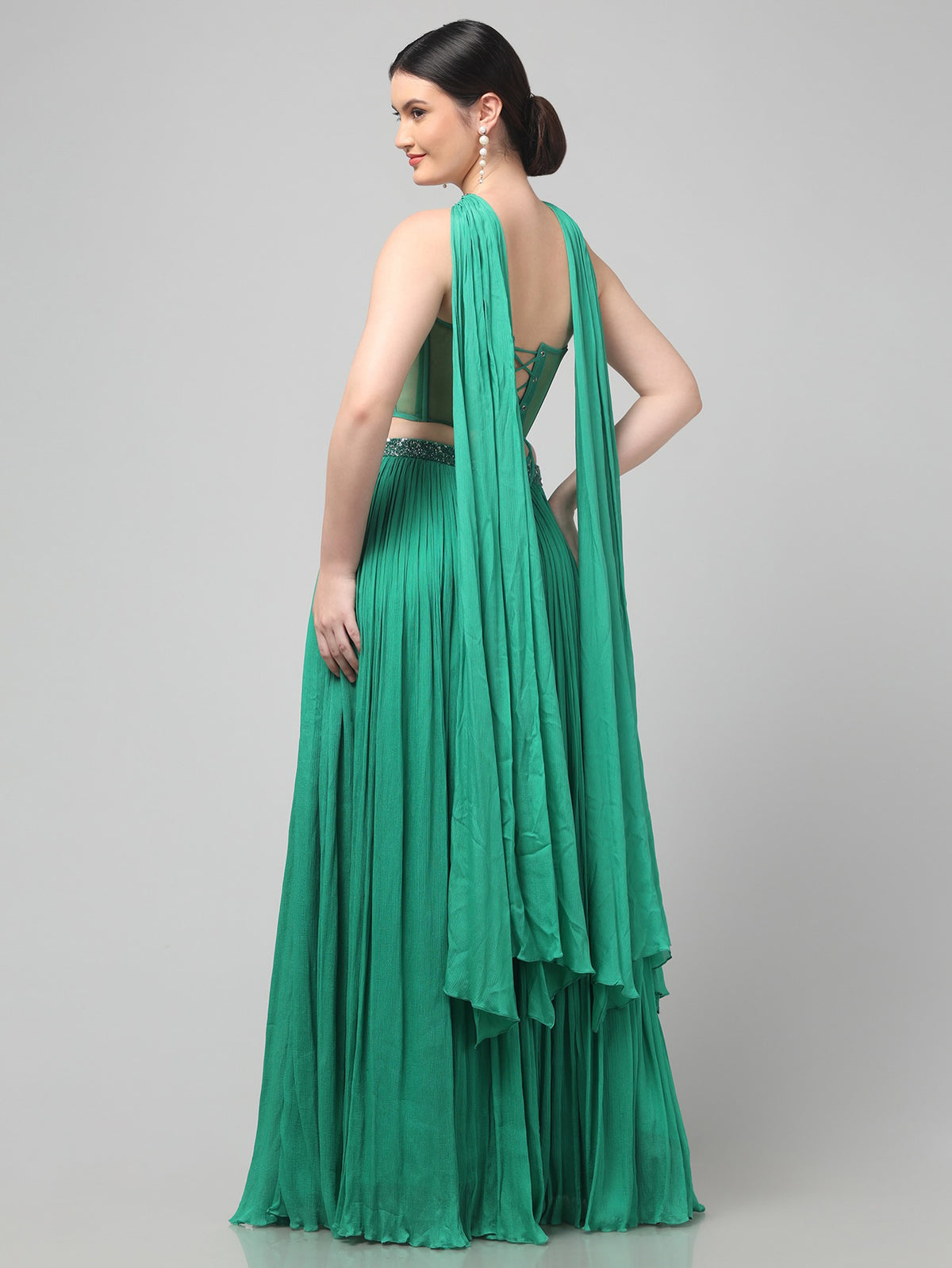 Emerald Green Corset Pure Chinnon Cutdana & Sequence Hand Work Party Wear pleated Skirt & Dupatta