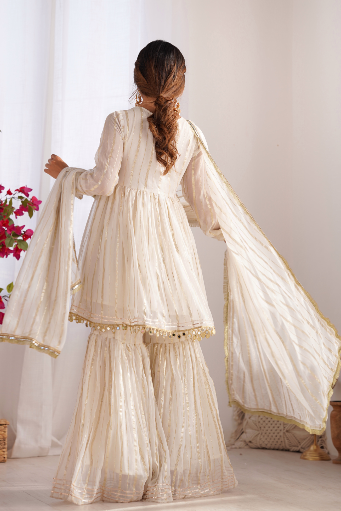 Sajna White Georgette Zari Weaving Festive Sharara Set