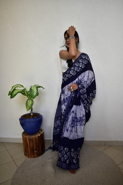 Indigofera Elegance - Blue Handblock Print Natural Dyed - Linen Cotton Saree