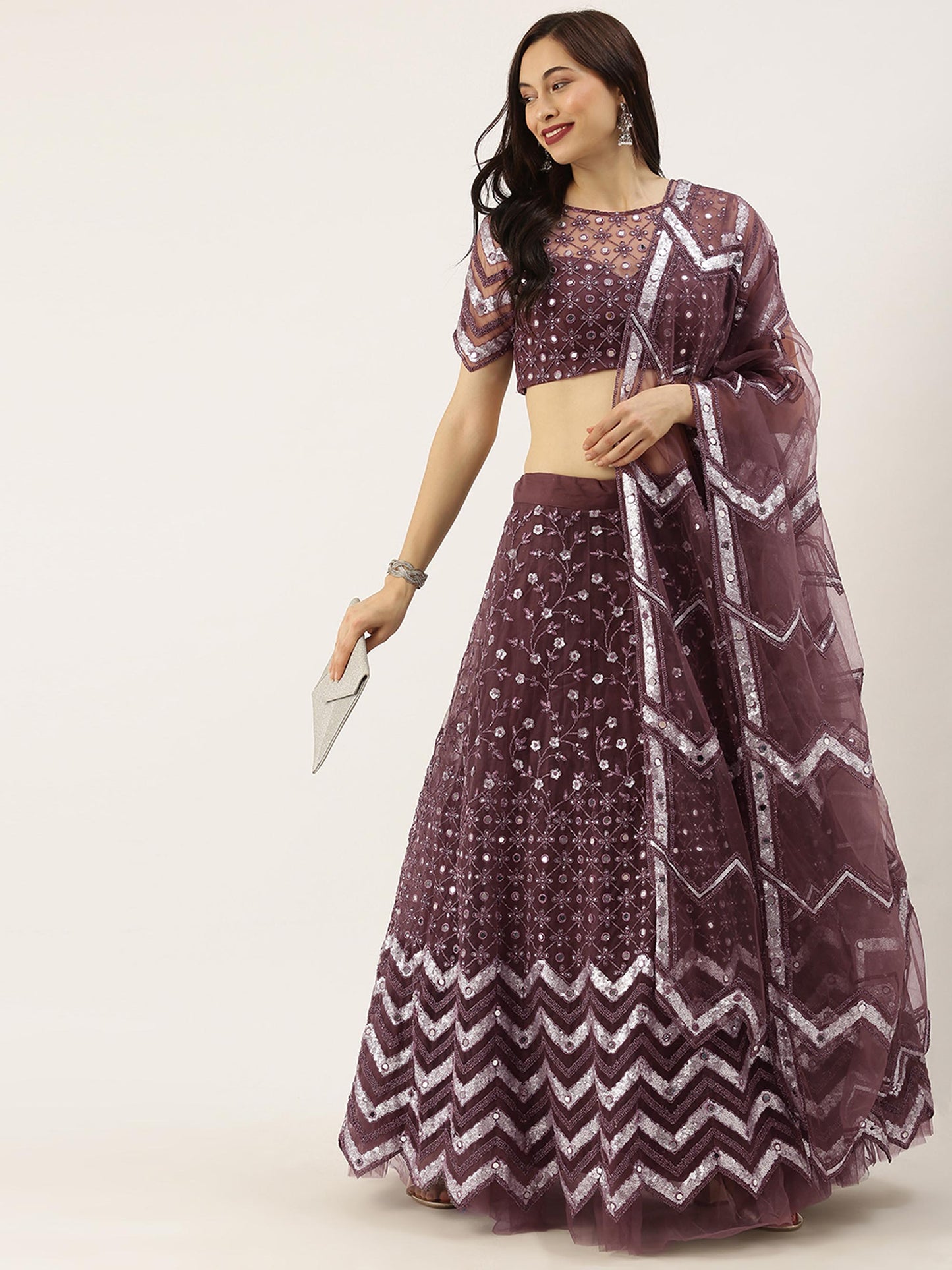 Burgundy Net Semi Stitched Coding, Sequins and Mirror work Lehenga Choli