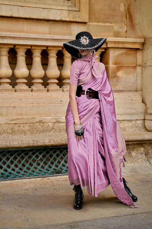 Lavender Kamzah Silk Pure Satin Nylon Handloom saree