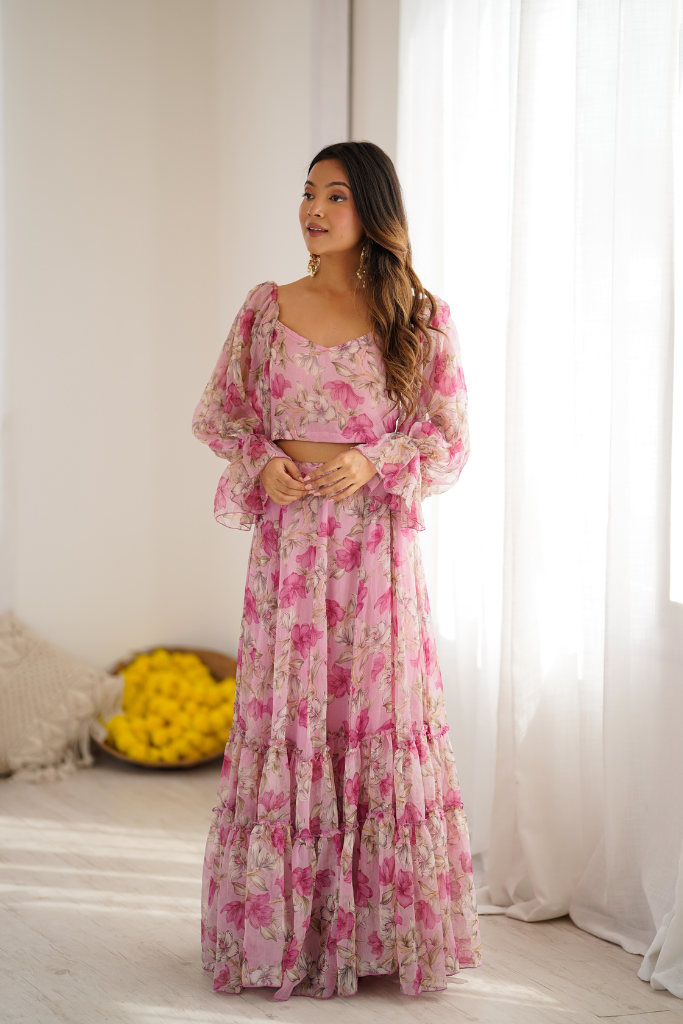 Orchid Aura Pink Chiffon Floral Print Festive Skirt Set