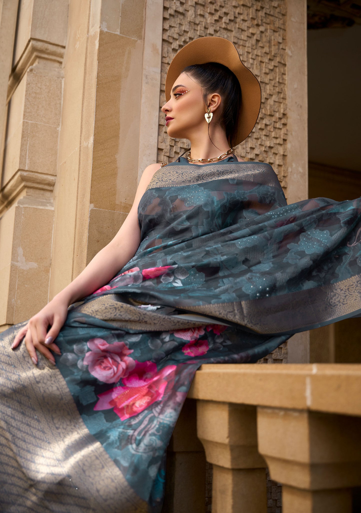 Dark Green Floral Kinsel Printed Poly Handloom Saree