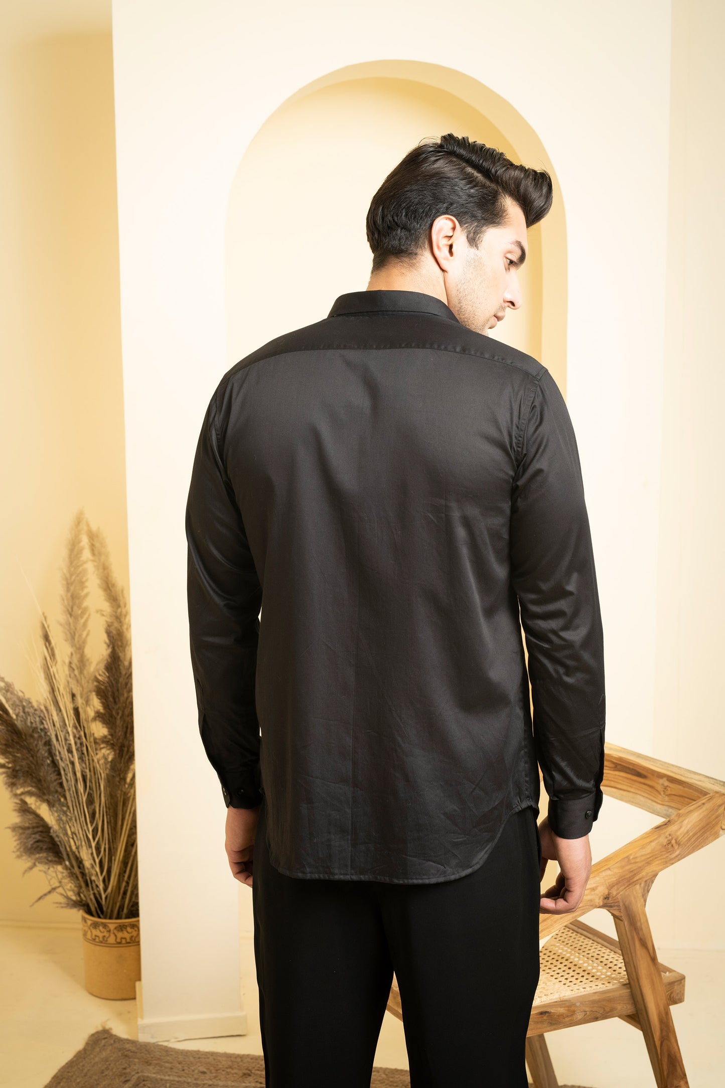 Black Cotton satin Awel Party Wear Shirt