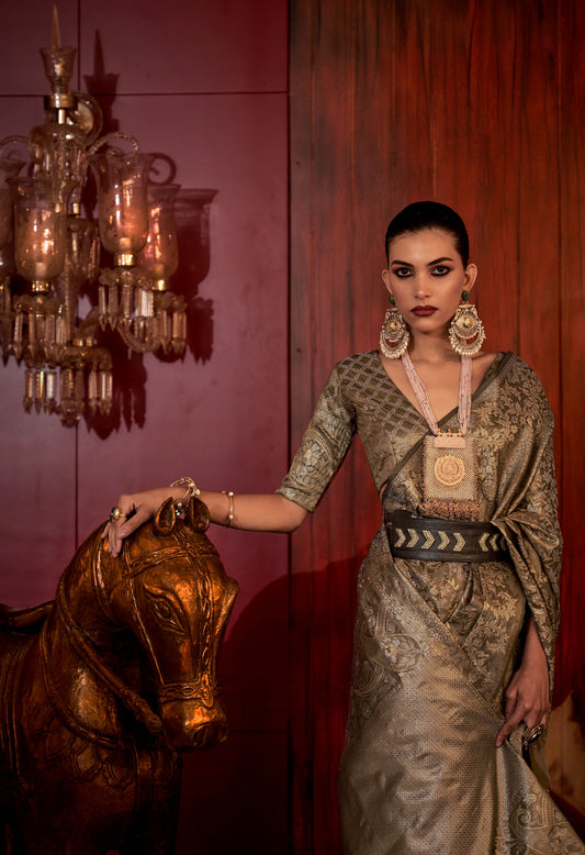 Dark Grey Kalkatti Zari Handloom Silk Saree