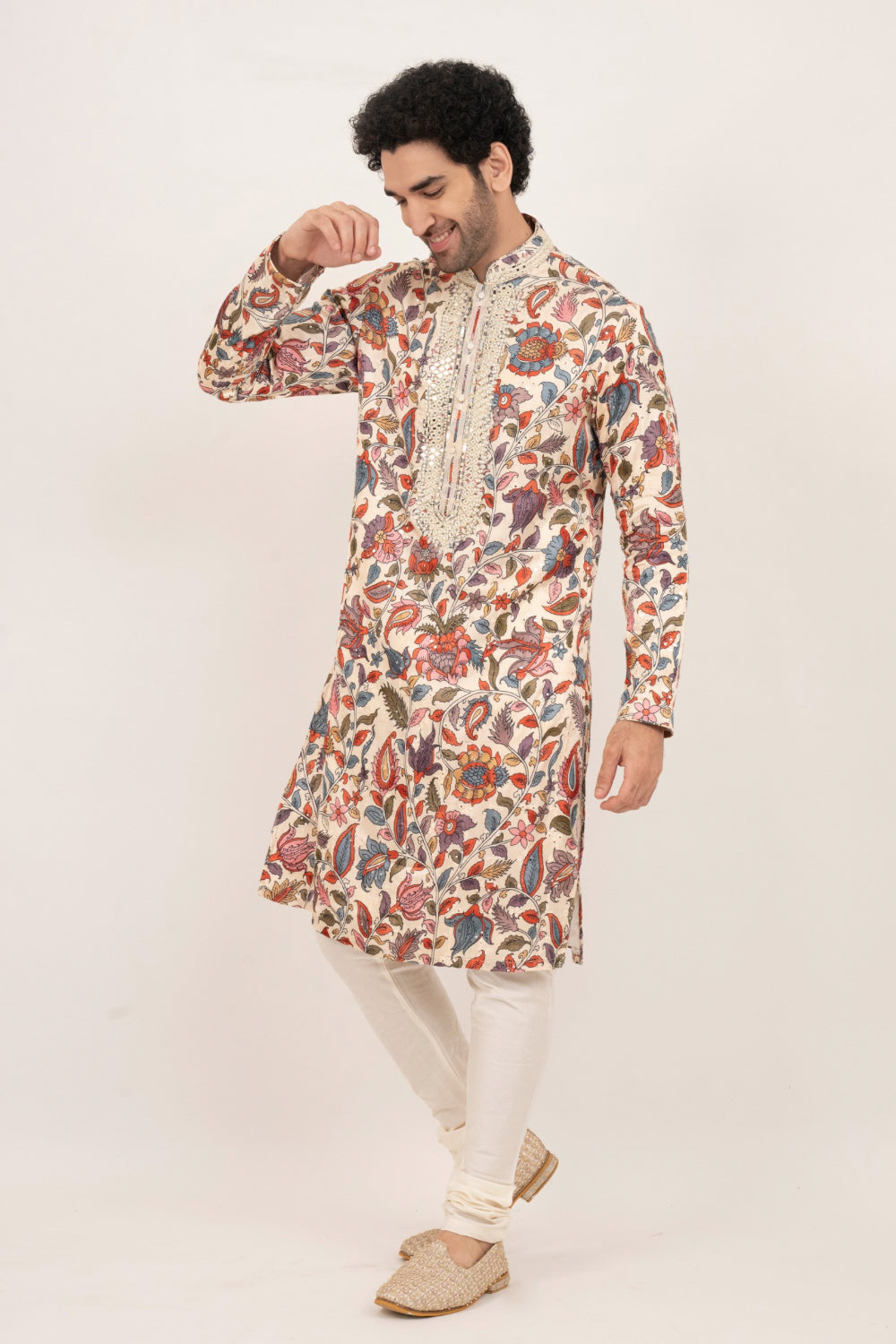 Multicolour resham embroidered satin lenin kurta set with kasab and mirror work