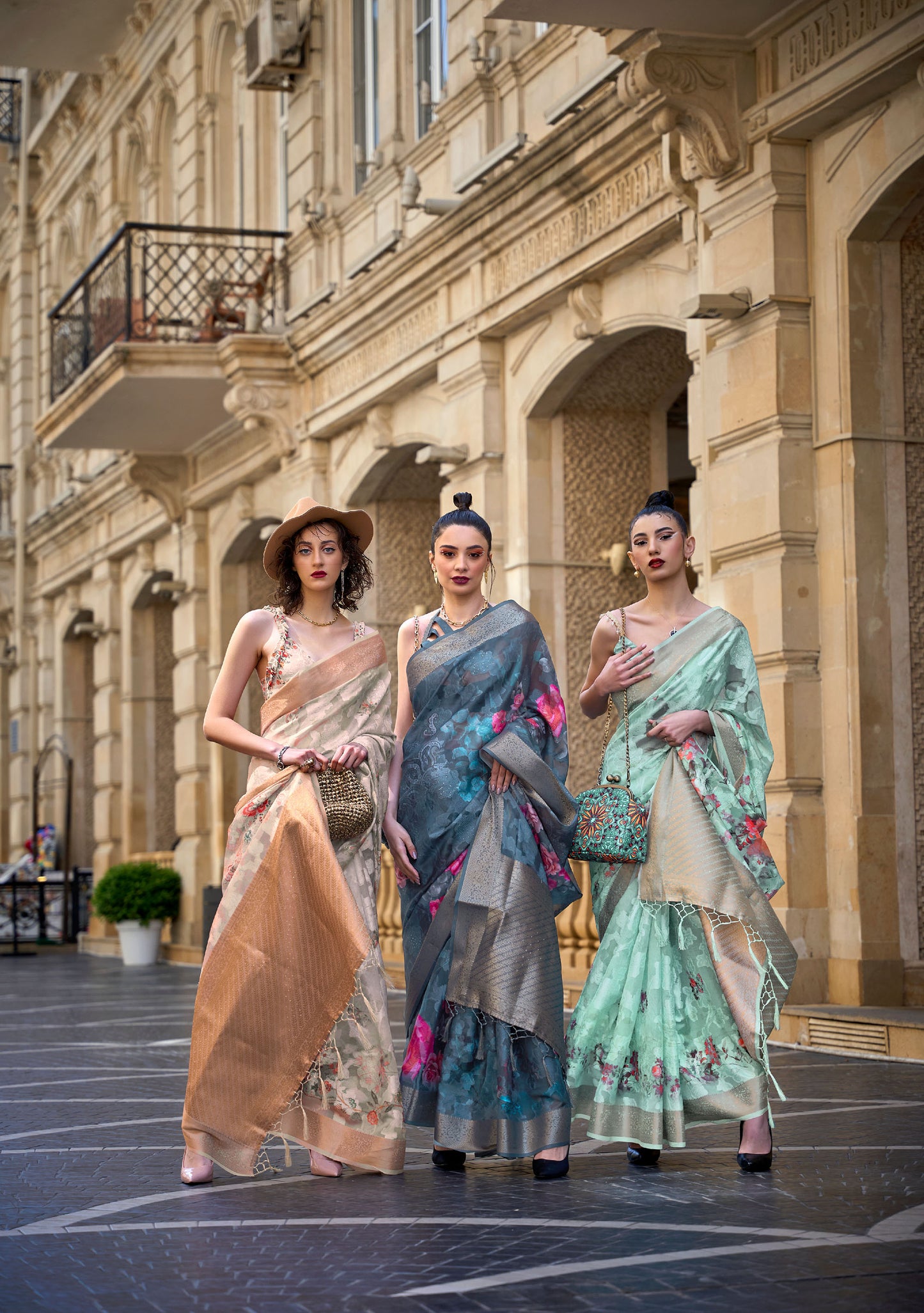 Dark Green Floral Kinsel Printed Poly Handloom Saree