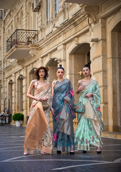 Dark Green Floral Kinsel Printed Poly Handloom Saree