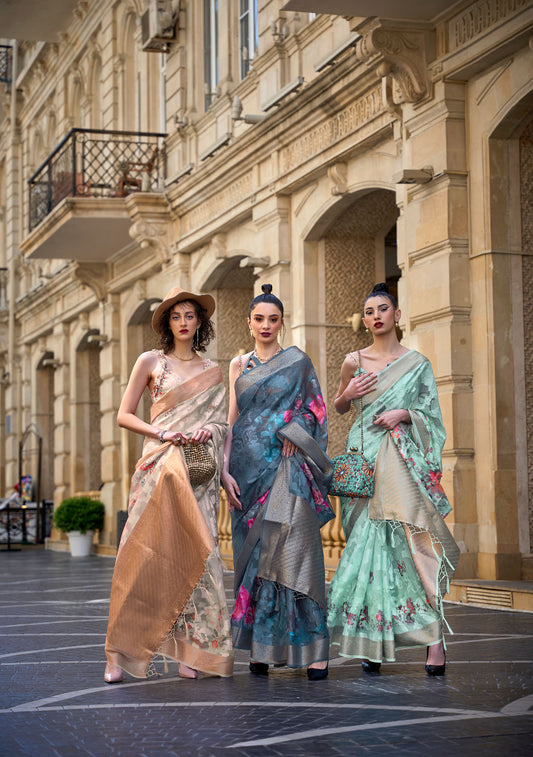 Dark Green Floral Kinsel Printed Poly Handloom Saree