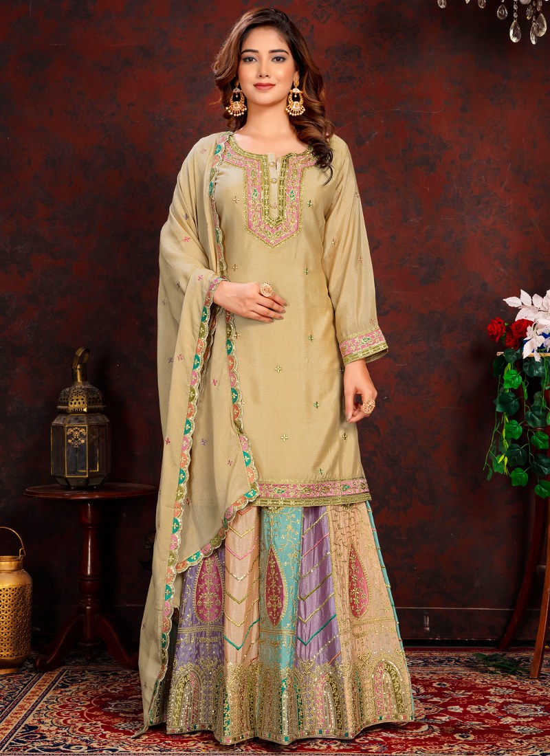 Beige Chinnon Sequins Embroidered Lehenga