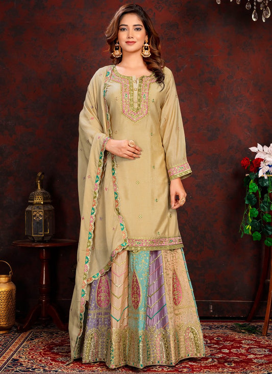 Beige Chinnon Sequins Embroidered Lehenga