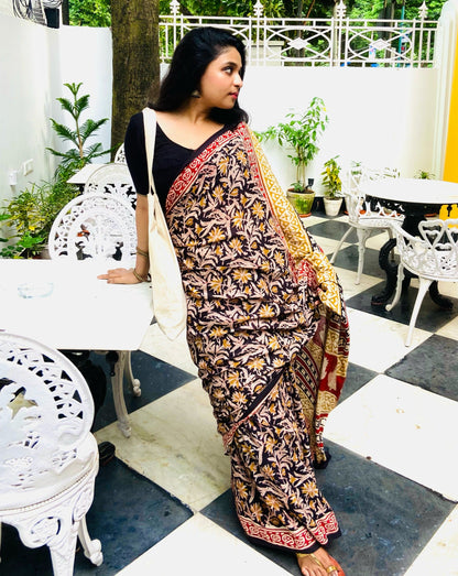Kalbeliya -  Black Bagru Natural Dyes Handblock Printed - Cotton Mulmul Saree
