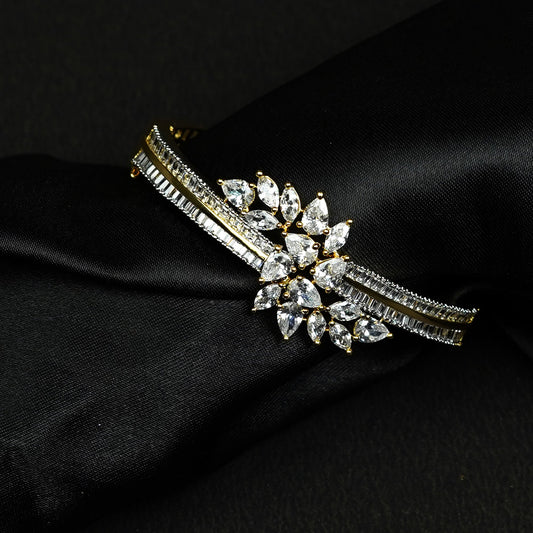 Zevar Club 22K Gold-Plated Floral Cluster Handcrafted AAA CZ Studded Baguette-Lined Openable Bracelet