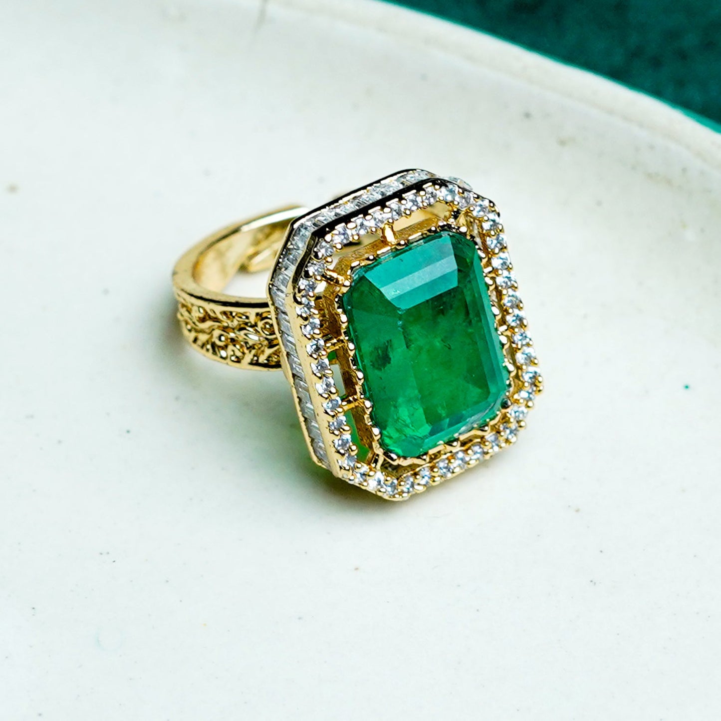 Zevar Club Gold-Toned Emerald Green & Cubic Zirconia Studded Royal Statement Adjustable Ring